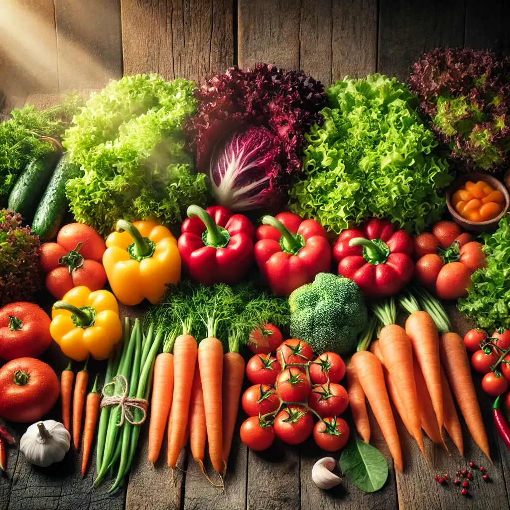 DALL·E 2024 10 05 11.49.50 A vibrant display of fresh vegetables such as carrots bell peppers tomatoes and lettuce neatly arranged o