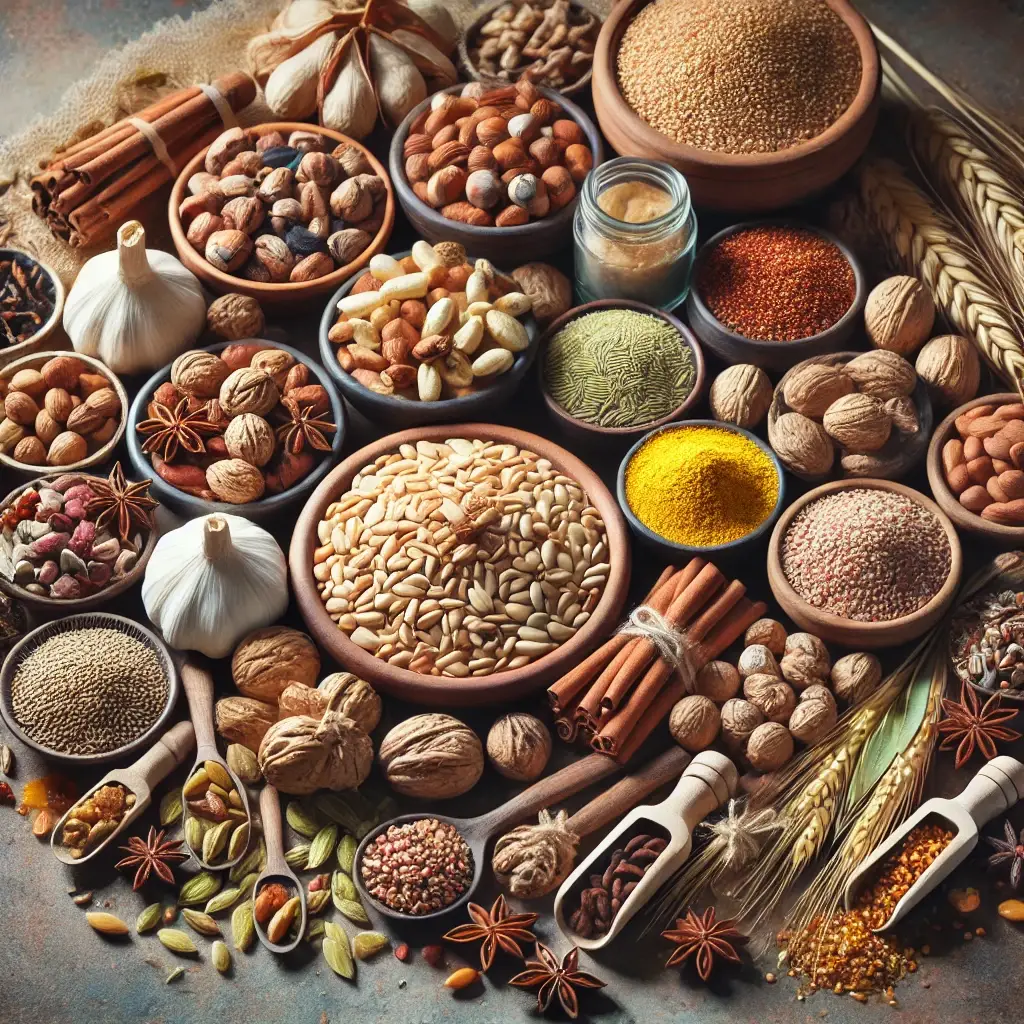 DALL·E 2024 10 05 11.49.55 A mixed collection of various food items like grains nuts spices and seeds artistically arranged on a rustic