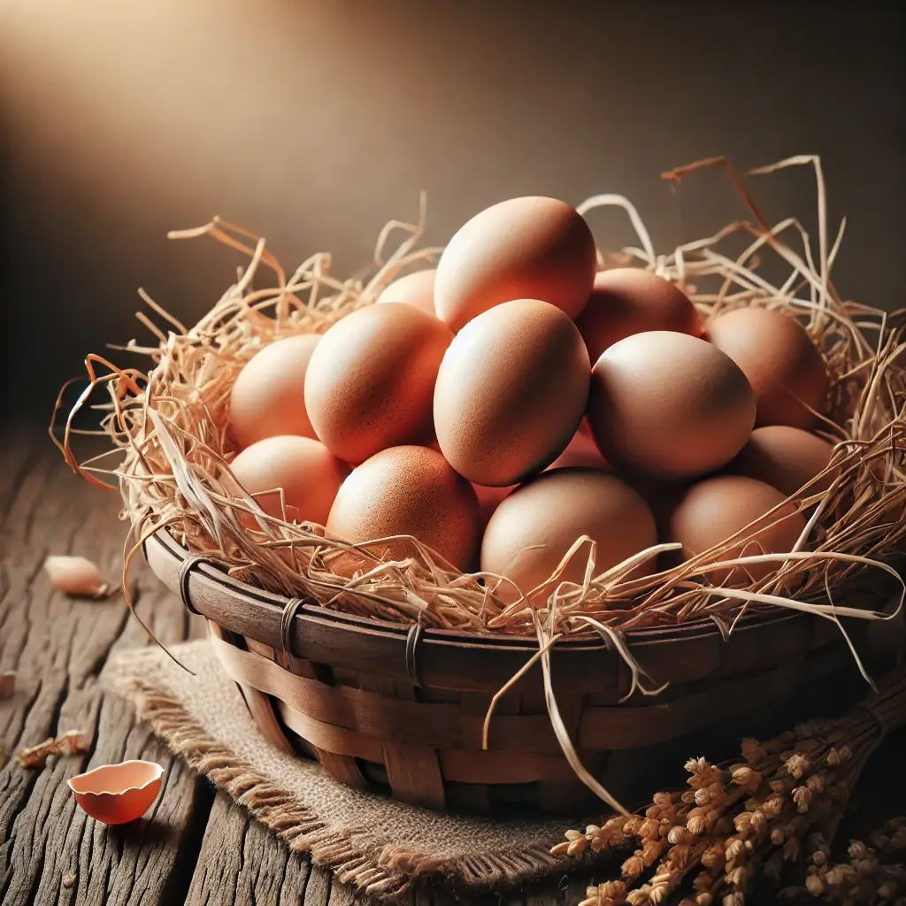 DALL·E 2024 10 05 11.49.59 A cluster of fresh eggs in a rustic basket with straw placed on a wooden surface with warm natural lighting