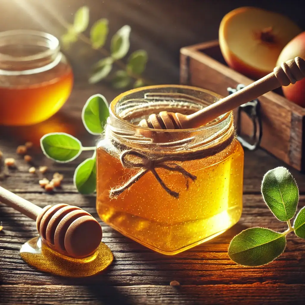 DALL·E 2024 10 05 11.50.03 A close up of a jar of golden honey with a honey dipper the honey glistening in natural light placed on a rusti