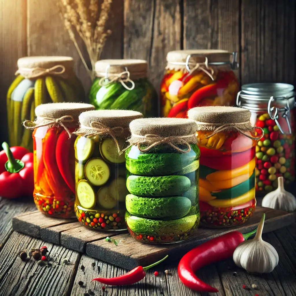 DALL·E 2024 10 05 11.50.07 Jars of colorful pickled vegetables such as cucumbers and peppers neatly arranged on a rustic wooden surface wit