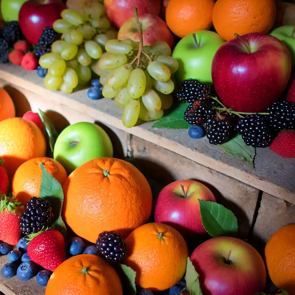 DALL·E 2024 10 05 11.50.18 A vibrant display of fruits such as apples oranges and berries arranged in a rustic style with natural lightin