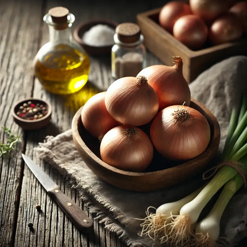 DALL·E 2024 10 05 12.07.08 A close up of fresh onions arranged neatly on a rustic wooden surface with natural lighting in a 1 1 aspec