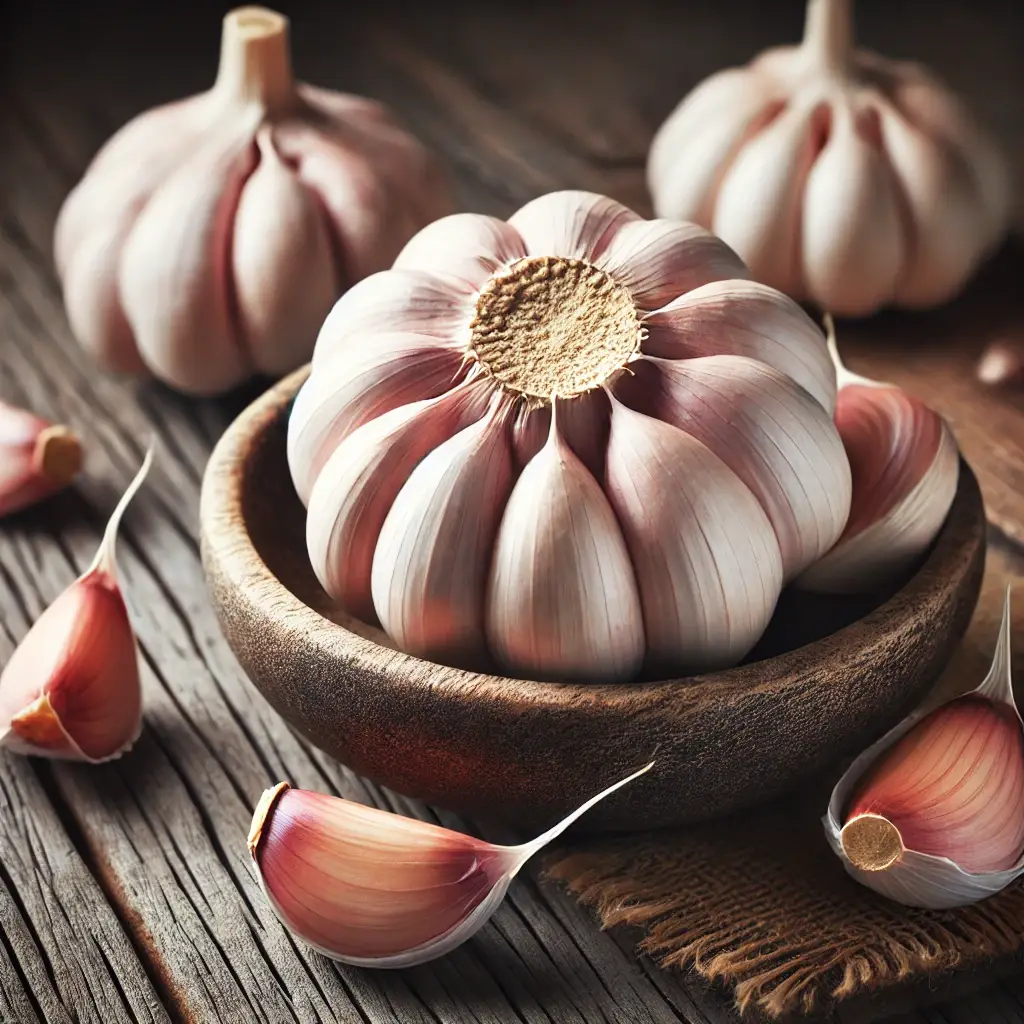 DALL·E 2024 10 05 12.07.36 A close up of fresh garlic bulbs and cloves arranged on a rustic wooden surface with natural lighting i