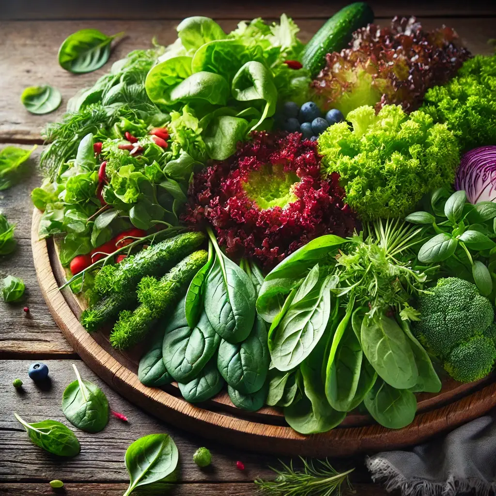 DALL·E 2024 10 05 12.07.39 A vibrant display of fresh salad greens including lettuce spinach and other leafy greens arranged on