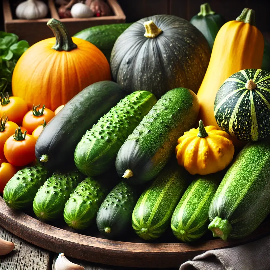 DALL·E 2024 10 05 12.07.43 A close up of fresh cucumbers zucchini and squash neatly arranged on a rustic wooden surface with natu