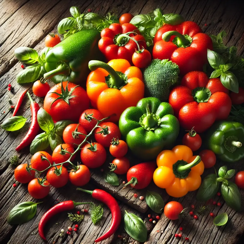 DALL·E 2024 10 05 12.07.47 A vibrant display of fresh bell peppers and tomatoes arranged on a rustic wooden surface with natural li
