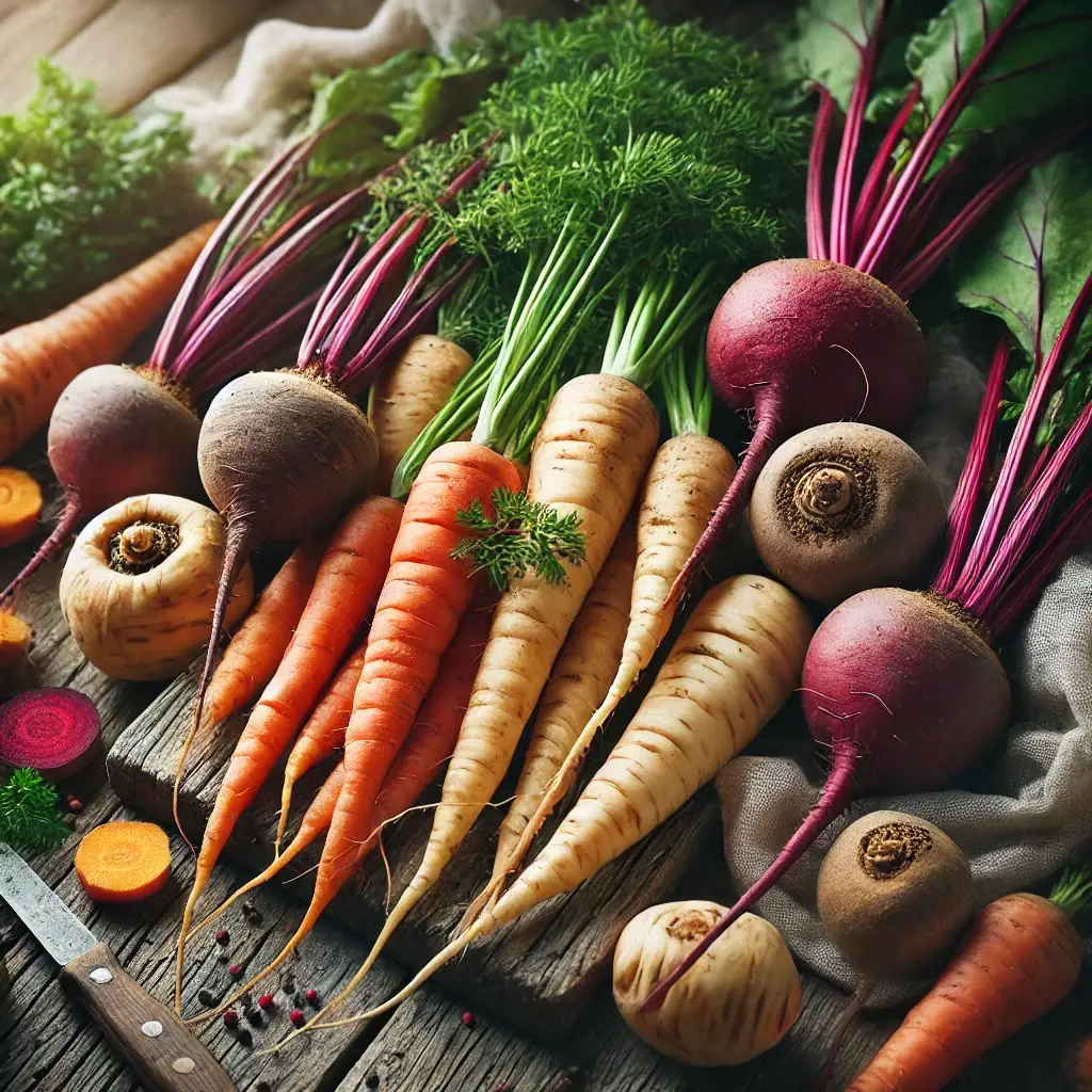 DALL·E 2024 10 05 12.07.50 A close up of fresh carrots and root vegetables such as parsnips and beets arranged on a rustic wooden