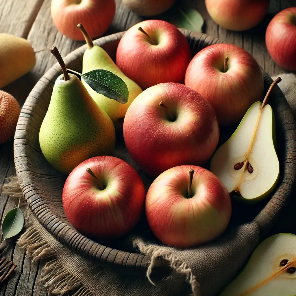 DALL·E 2024 10 05 12.15.47 A close up of fresh apples and pears arranged on a rustic wooden surface with natural lighting in a 1 1 aspect ratio