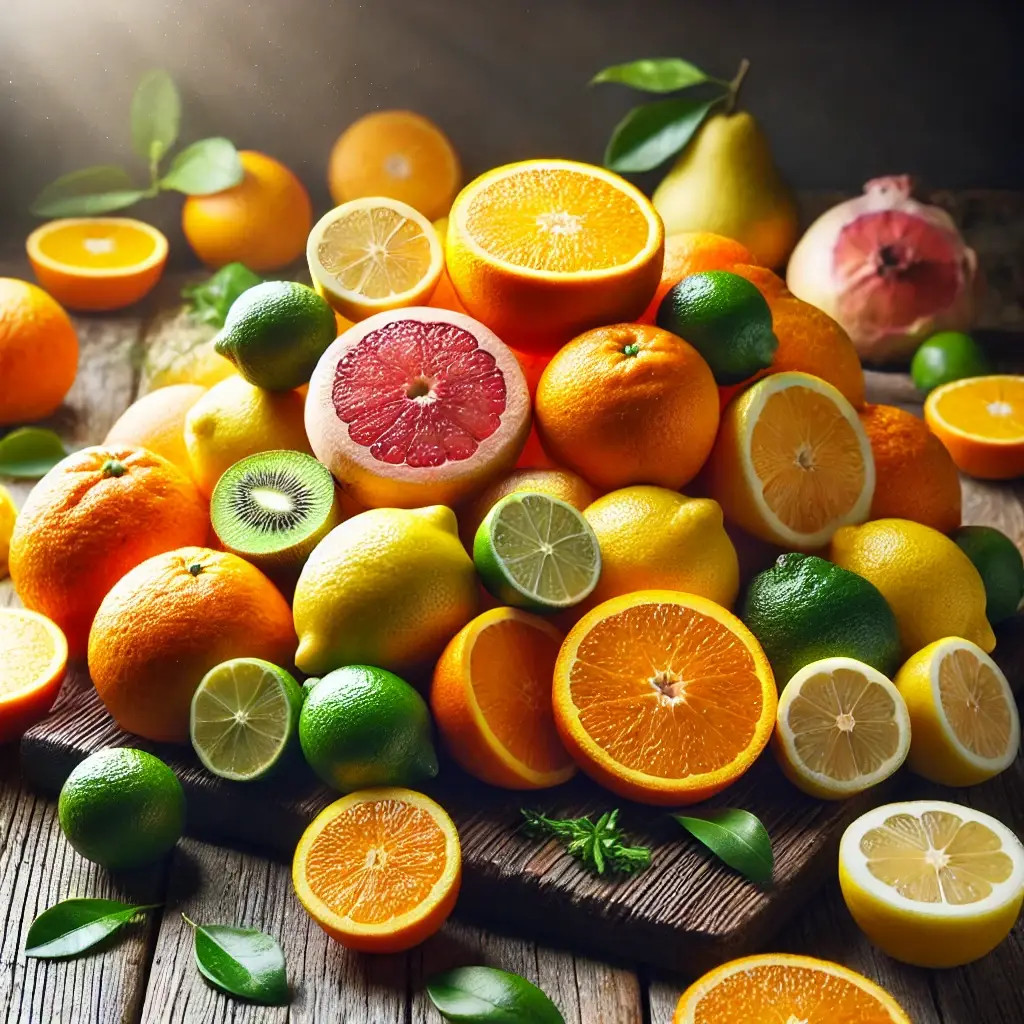 DALL·E 2024 10 05 12.15.56 A vibrant display of fresh citrus fruits such as oranges lemons and limes arranged on a rustic wooden