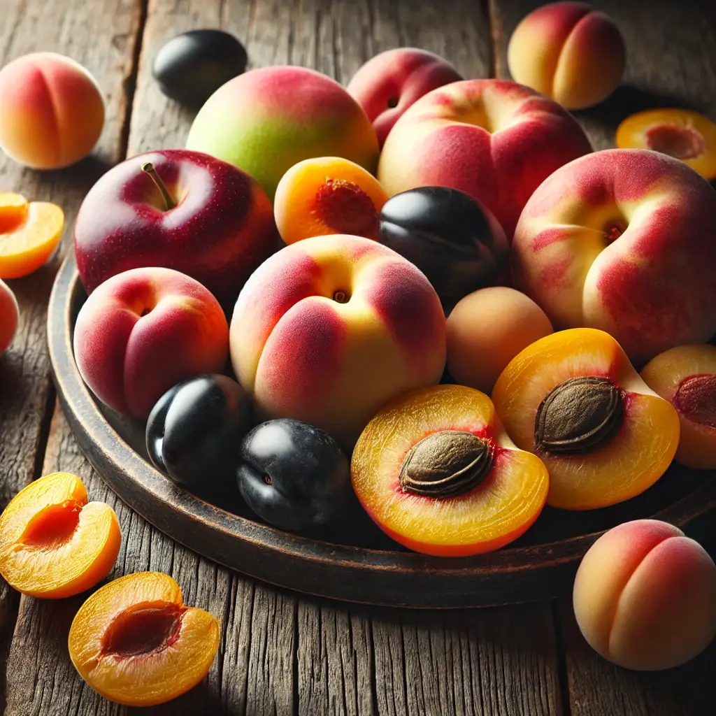 DALL·E 2024 10 05 12.15.59 A close up of fresh stone fruits such as peaches apricots and plums arranged on a rustic wooden surfac