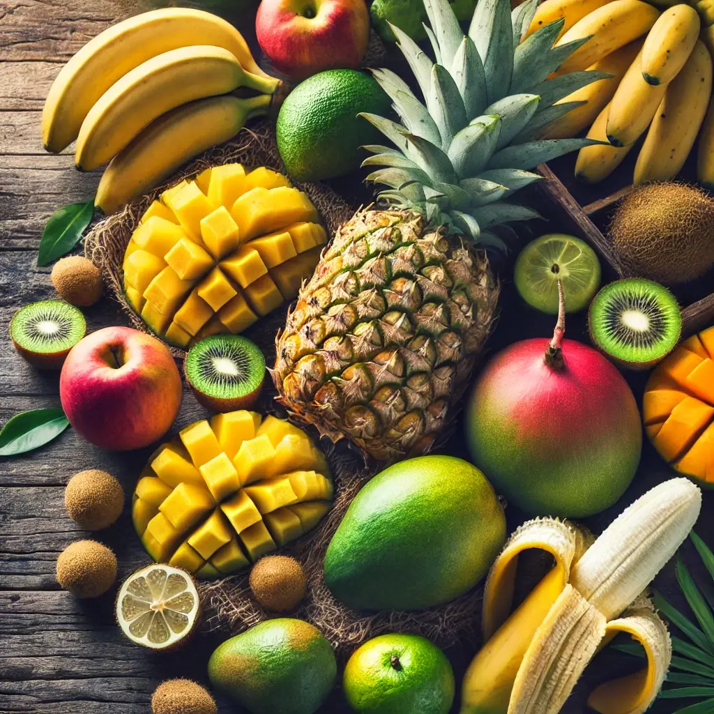 DALL·E 2024 10 05 12.16.02 A vibrant display of tropical fruits such as pineapples bananas and mangos arranged on a rustic wooden