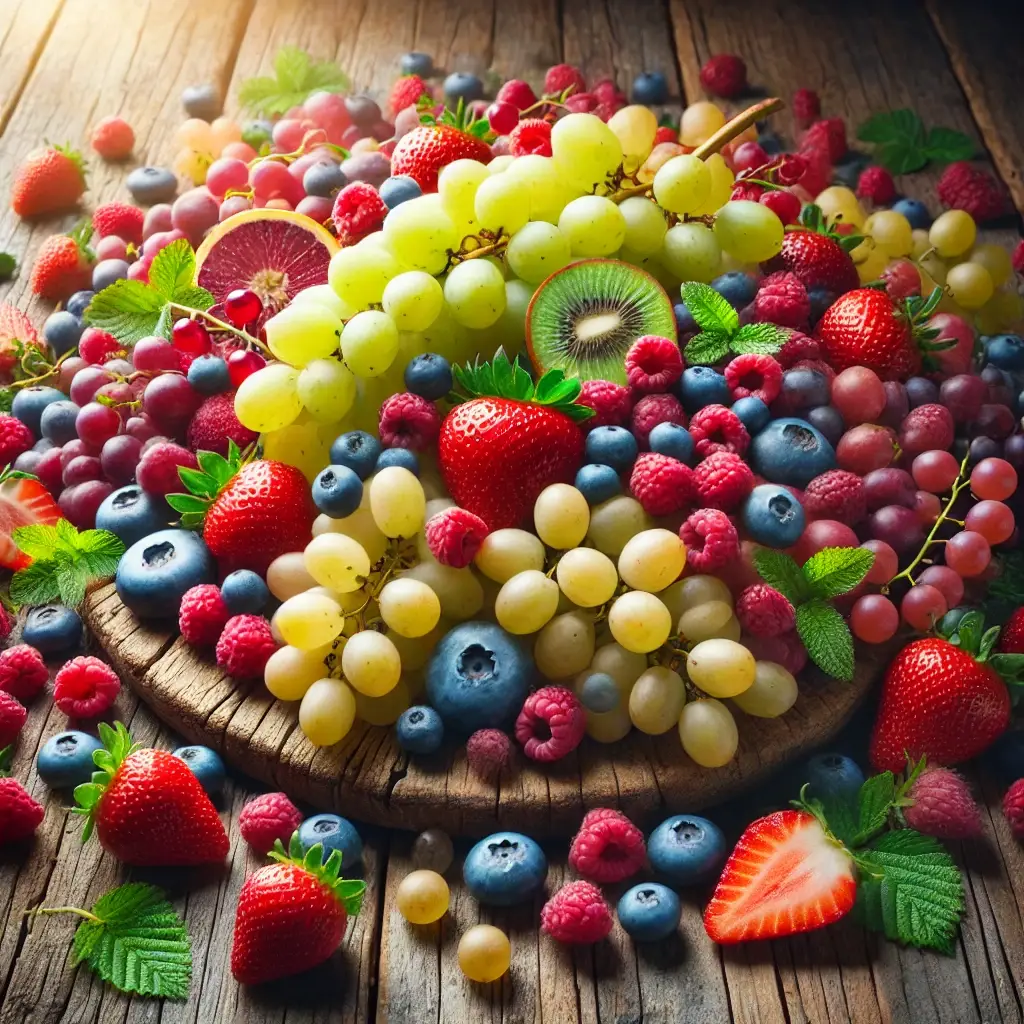 DALL·E 2024 10 05 12.16.05 A vibrant display of grapes and berries such as strawberries blueberries and raspberries arranged on a